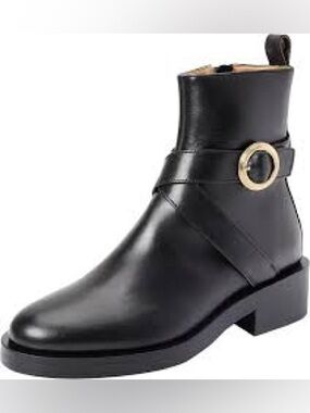 Boss Black Leather Ankle Boots with Gold Ring Accent Size 40 NEW